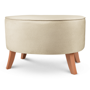 Tapicerowana pufa owalna 62x72x46 cm DUŻA w kolorze beżowym - siedzisko z welurowej tkaniny, z drewnianymi nóżkami w kolorze naturalnego drewna