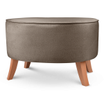 Tapicerowana pufa owalna 62x72x46 cm DUŻA w kolorze jasny beż- siedzisko z welurowej tkaniny, z drewnianymi nóżkami w kolorze naturalnego drewna