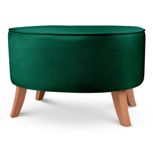 Tapicerowana pufa owalna 62x72x46 cm DUŻA w kolorze zielonym - siedzisko z welurowej tkaniny, z drewnianymi nóżkami w kolorze naturalnego drewna