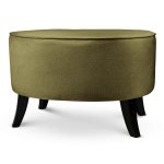 Tapicerowana pufa owalna 62x72x46 cm DUŻA w kolorze oliwkowym - siedzisko z welurowej tkaniny, z drewnianymi nóżkami w kolorze czarnym