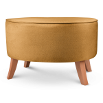 Tapicerowana pufa owalna 62x72x46 cm DUŻA w kolorze żółtym - siedzisko z welurowej tkaniny, z drewnianymi nóżkami w kolorze naturalnego drewna