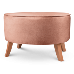 Tapicerowana pufa owalna 62x72x46 cm DUŻA w kolorze morelowym - siedzisko z welurowej tkaniny, z drewnianymi nóżkami w kolorze naturalnego drewna