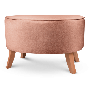 Tapicerowana pufa owalna 62x72x46 cm DUŻA w kolorze morelowym - siedzisko z welurowej tkaniny, z drewnianymi nóżkami w kolorze naturalnego drewna