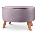 Tapicerowana pufa owalna 62x72x46 cm DUŻA w kolorze fioletowym - siedzisko z welurowej tkaniny, z drewnianymi nóżkami w kolorze naturalnego drewna
