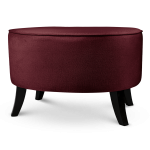 Tapicerowana pufa owalna 62x72x46 cm DUŻA w kolorze bordowym - siedzisko z welurowej tkaniny, z drewnianymi nóżkami w kolorze czarnym