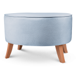Tapicerowana pufa owalna 62x72x46 cm DUŻA w kolorze jasnoniebieskim - siedzisko z welurowej tkaniny, z drewnianymi nóżkami w kolorze naturalnego drewna