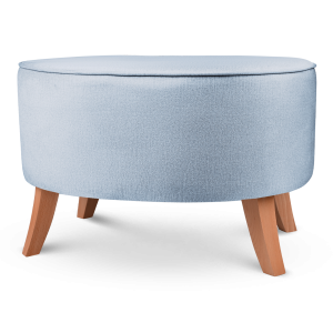 Tapicerowana pufa owalna 62x72x46 cm DUŻA w kolorze jasnoniebieskim - siedzisko z welurowej tkaniny, z drewnianymi nóżkami w kolorze naturalnego drewna