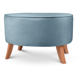 Tapicerowana pufa owalna 62x72x46 cm DUŻA w kolorze niebieskim - siedzisko z welurowej tkaniny, z drewnianymi nóżkami w kolorze naturalnego drewna