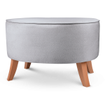 Tapicerowana pufa owalna 62x72x46 cm DUŻA w kolorze jasnoszarym - siedzisko z welurowej tkaniny, z drewnianymi nóżkami w kolorze naturalnego drewna