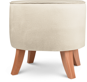 Tapicerowana pufa owalna 42x52x45 cm MAŁA w kolorze ecru - siedzisko z welurowej tkaniny, z drewnianymi nóżkami w kolorze naturalne drewno