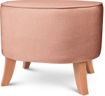 Tapicerowana pufa owalna 52x62x46 cm  ŚREDNIA w kolorze morelowym - siedzisko z welurowej tkaniny, z drewnianymi nóżkami w kolorze naturalnego drewna