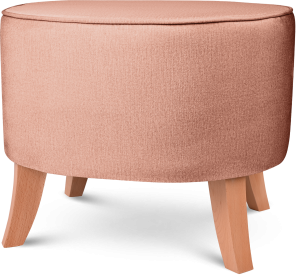 Tapicerowana pufa owalna 52x62x46 cm  ŚREDNIA w kolorze morelowym - siedzisko z welurowej tkaniny, z drewnianymi nóżkami w kolorze naturalnego drewna