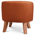 Tapicerowana pufa owalna 42x52x45 cm MAŁA w kolorze ciemnopomarańczowym - siedzisko z tkaniny imitującej futro, z drewnianymi nóżkami w kolorze naturalnego drewna