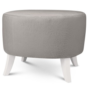 Tapicerowana pufa owalna 52x62x46 cm ŚREDNIA w kolorze jasnoszarym - siedzisko z tkaniny imitującej futro, z drewnianymi nóżkami w kolorze białym