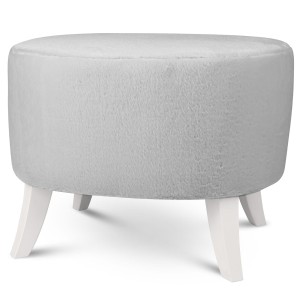 Tapicerowana pufa owalna 52x62x46 cm ŚREDNIA w kolorze szarym - siedzisko z tkaniny imitującej futro, z drewnianymi nóżkami w kolorze białym
