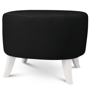 Tapicerowana pufa owalna 52x62x46 cm ŚREDNIA w kolorze czarnym- siedzisko z tkaniny imitującej futro, z drewnianymi nóżkami w kolorze białym