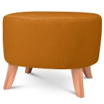 Tapicerowana pufa owalna 52x62x46 cm ŚREDNIA w kolorze żółtym - siedzisko z tkaniny imitującej futro, z drewnianymi nóżkami w kolorze naturalnego drewna