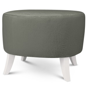 Tapicerowana pufa owalna 52x62x46 cm ŚREDNIA w kolorze ciemnoszarym - siedzisko z tkaniny imitującej futro, z drewnianymi nóżkami w kolorze białym