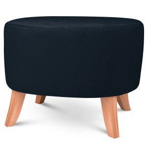 Tapicerowana pufa owalna 52x62x46 cm ŚREDNIA w kolorze granatowym - siedzisko z tkaniny imitującej futro, z drewnianymi nóżkami w kolorze naturalnego drewna