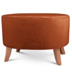Tapicerowana pufa owalna 62x72x46 cm DUŻA w kolorze ciemnopomarańczowym - siedzisko z tkaniny imitującej futro, z drewnianymi nóżkami w kolorze naturalnego drewna