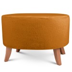 Tapicerowana pufa owalna 62x72x46 cm DUŻA w kolorze żółtym - siedzisko z tkaniny imitującej futro, z drewnianymi nóżkami w kolorze naturalnego drewna