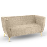 Sofa Lara z welurowej tkaniny w kolorze beżowym z przeszyciami i złotymi nogami