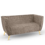 Sofa Lara z welurowej tkaniny w kolorze jasnobrązowym z przeszyciami i złotymi nogami