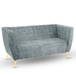 Sofa Lara z welurowej tkaniny w kolorze stalowym z przeszyciami i złotymi nogami