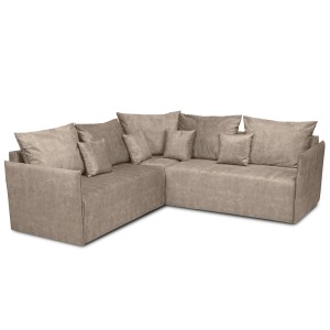 Narożnik OLAF z miękkimi poduszkami z welurowej tkaniny w kolorze jasnobrązowym – wygodna sofa narożna do salonu