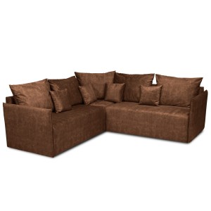 Narożnik OLAF z miękkimi poduszkami z welurowej tkaniny w kolorze brązowym – wygodna sofa narożna do salonu
