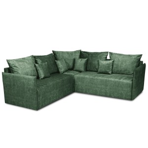 Narożnik OLAF z miękkimi poduszkami z welurowej tkaniny w kolorze zielonym – wygodna sofa narożna do salonu