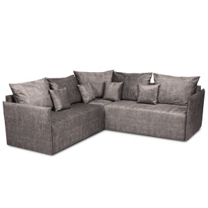 Narożnik OLAF z miękkimi poduszkami z welurowej tkaniny w kolorze ciemnoszarym – wygodna sofa narożna do salonu 