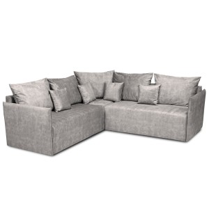 Narożnik OLAF z miękkimi poduszkami z welurowej tkaniny w kolorze jasnoszarym – wygodna sofa narożna do salonu  