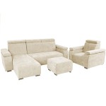 Zestaw mebli z regulowanymi zagłówkami i podłokietnikami MILAN lewostronny w kolorze beżowym: fotel, narożnik, pufa