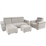 Zestaw mebli z regulowanymi zagłówkami i podłokietnikami MILAN lewostronny w kolorze szarym: fotel, narożnik, pufa 