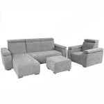 Zestaw mebli z regulowanymi zagłówkami i podłokietnikami MILAN lewostronny w kolorze szarym: fotel, narożnik, pufa