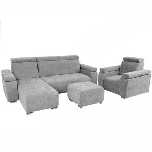 Zestaw mebli z regulowanymi zagłówkami i podłokietnikami MILAN lewostronny w kolorze szarym: fotel, narożnik, pufa