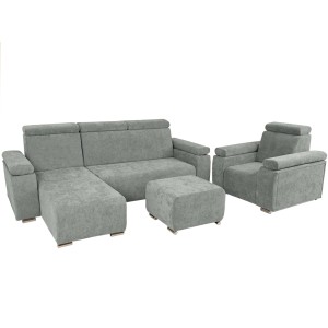 Zestaw mebli z regulowanymi zagłówkami i podłokietnikami MILAN lewostronny w kolorze szarozielonym: fotel, narożnik, pufa 