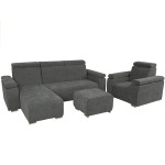 Zestaw mebli z regulowanymi zagłówkami i podłokietnikami MILAN lewostronny w kolorze ciemnoszarym: fotel, narożnik, pufa 