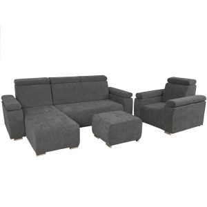 Zestaw mebli z regulowanymi zagłówkami i podłokietnikami MILAN lewostronny w kolorze ciemnoszarym: fotel, narożnik, pufa 