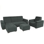 Zestaw mebli z regulowanymi zagłówkami i podłokietnikami MILAN lewostronny w kolorze grafitowym: fotel, narożnik, pufa  