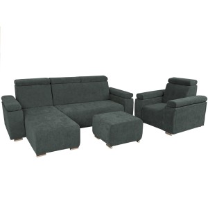 Zestaw mebli z regulowanymi zagłówkami i podłokietnikami MILAN lewostronny w kolorze grafitowym: fotel, narożnik, pufa  