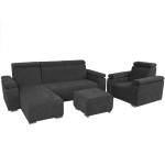 Zestaw mebli z regulowanymi zagłówkami i podłokietnikami MILAN lewostronny w kolorze grafitowym: fotel, narożnik, pufa