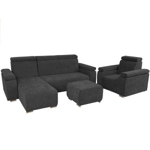 Zestaw mebli z regulowanymi zagłówkami i podłokietnikami MILAN lewostronny w kolorze grafitowym: fotel, narożnik, pufa