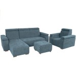 Zestaw mebli z regulowanymi zagłówkami i podłokietnikami MILAN lewostronny w kolorze niebieskim: fotel, narożnik, pufa