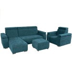 Zestaw mebli z regulowanymi zagłówkami i podłokietnikami MILAN lewostronny w kolorze morskim: fotel, narożnik, pufa 