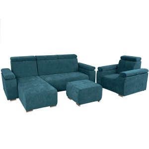 Zestaw mebli z regulowanymi zagłówkami i podłokietnikami MILAN lewostronny w kolorze morskim: fotel, narożnik, pufa 