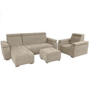 Zestaw mebli z regulowanymi zagłówkami i podłokietnikami MILAN lewostronny w kolorze beżowym: fotel, narożnik, pufa