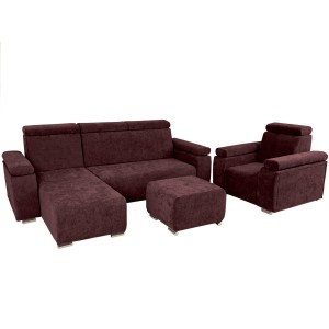 Zestaw mebli z regulowanymi zagłówkami i podłokietnikami MILAN lewostronny w kolorze bordowym: fotel, narożnik, pufa 