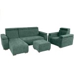 Zestaw mebli z regulowanymi zagłówkami i podłokietnikami MILAN lewostronny w kolorze zielonym: fotel, narożnik, pufa